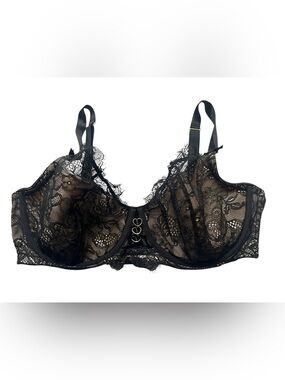 Cacique Lightly Lined French Balconette Bra 40DDD Black Lace Underwire